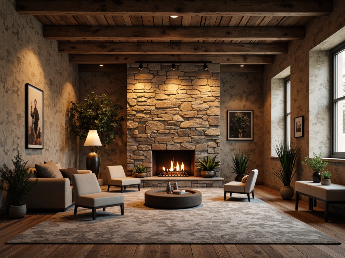 Prompt: Rustic stone walls, earthy tones, natural textures, organic patterns, rough-hewn surfaces, distressed finishes, industrial chic, exposed brick, urban loft ambiance, warm atmospheric lighting, soft shadows, 3/4 composition, shallow depth of field, realistic renderings, ambient occlusion.