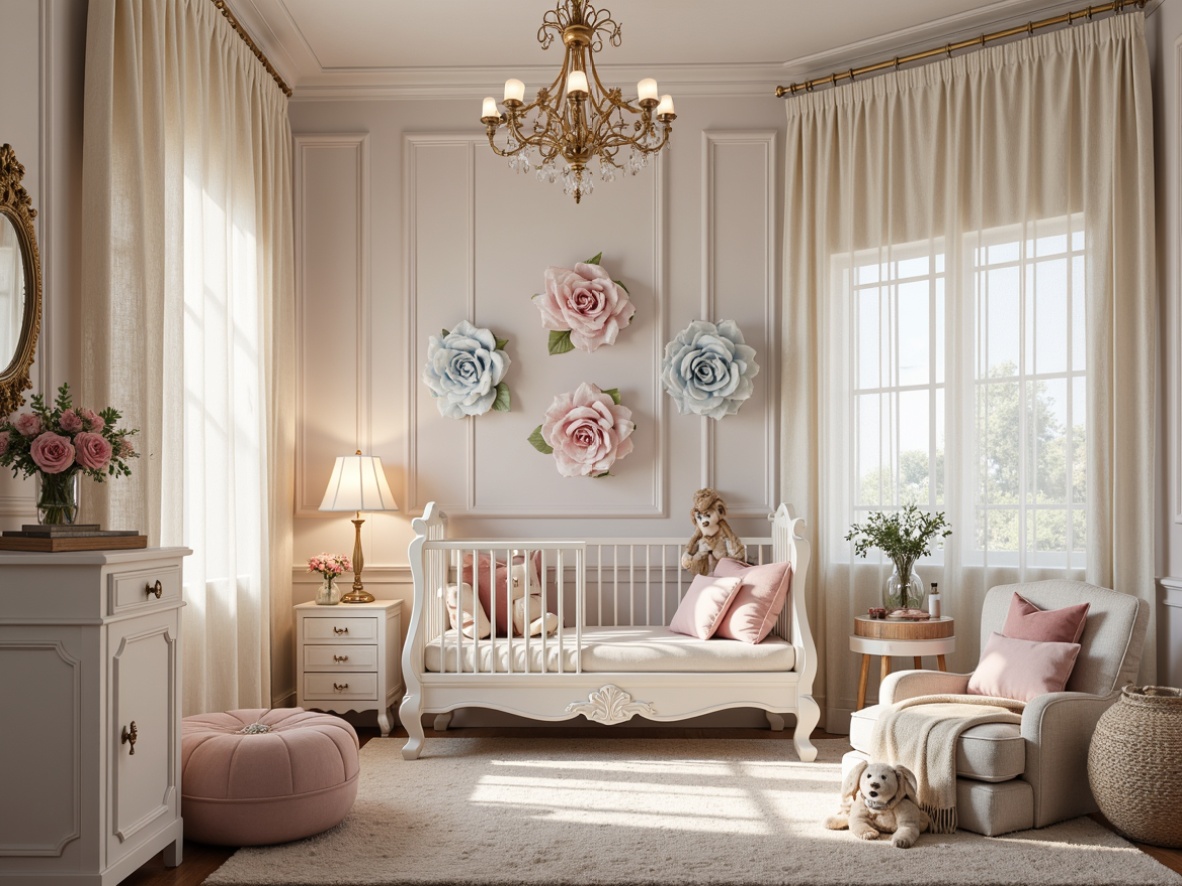 Prompt: Whimsical nursery, soft pastel colors, ornate furnishings, curvaceous lines, organic shapes, floral patterns, flowing drapery, delicate lace, intricate wooden carvings, vintage-inspired decorations, elegant chandeliers, creamy whites, pale pinks, baby blues, gentle lighting, warm textures, plush carpets, oversized flowers, natural materials, distressed finishes, romantic ambiance, 1/1 composition, soft focus, dreamy atmosphere.