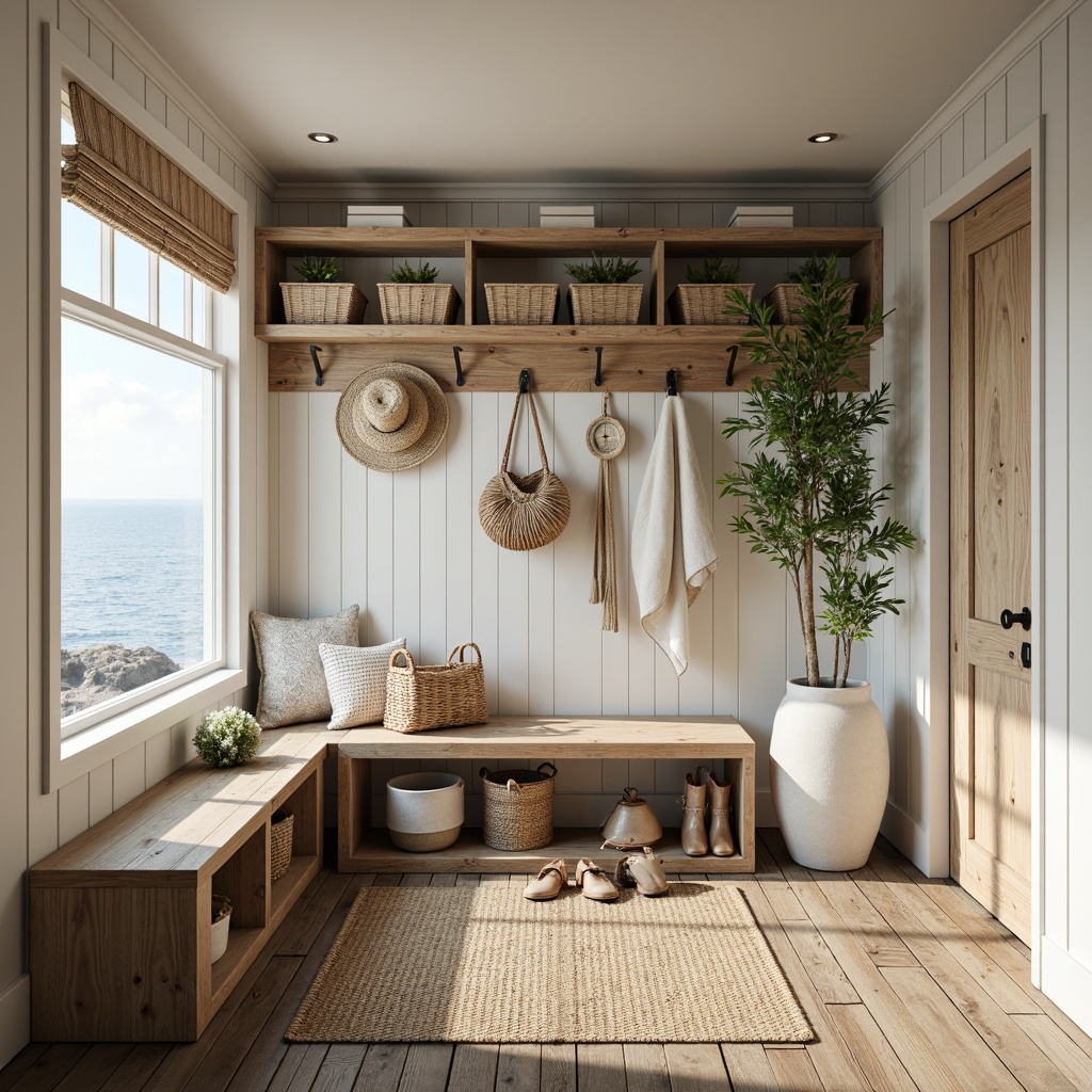 Prompt: Coastal-style mudroom, natural wood accents, woven baskets, nautical rope details, driftwood shelves, reclaimed wood bench, beach-inspired color palette, calming ocean views, soft warm lighting, shallow depth of field, 1/2 composition, realistic textures, ambient occlusion, innovative storage solutions, wicker storage bins, canvas hanging organizers, rustic metal hooks, woven sea grass mats, weathered wooden floors, distressed finishes, relaxed coastal vibe.