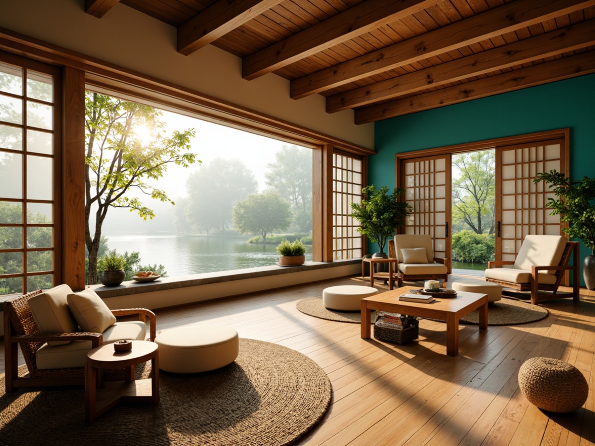 Prompt: Warm boathouse interior, natural wood accents, woven bamboo furniture, vibrant turquoise walls, calming beige tones, soft golden lighting, Asian-inspired ornate carvings, lush greenery, traditional Japanese shoji screens, sliding glass doors, serene water views, misty morning atmosphere, shallow depth of field, 1/1 composition, realistic textures, ambient occlusion.