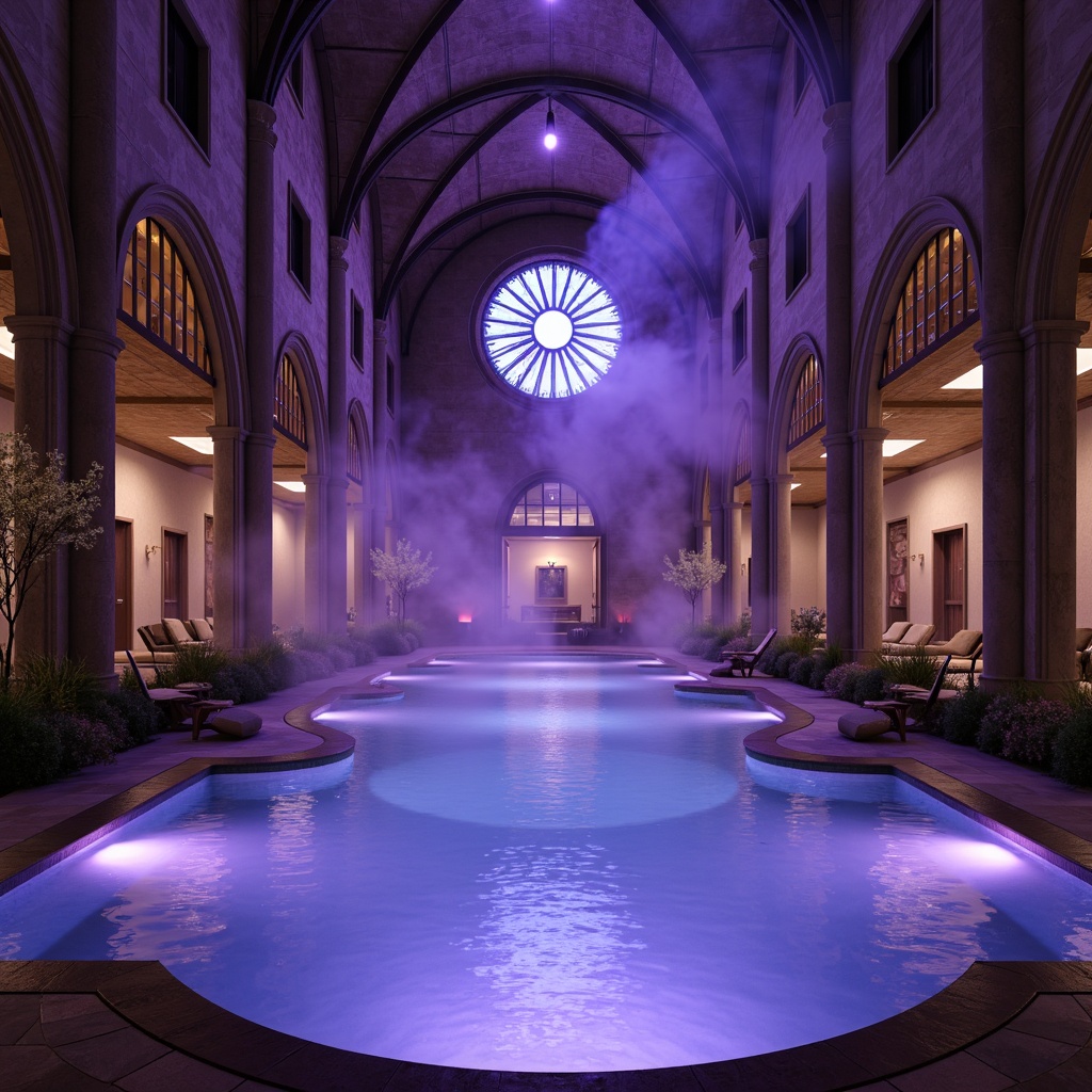 Prompt: Ethereal swimming pool, Gothic arches, mystical ambiance, soft warm lighting, subtle mist effects, mysterious shadows, ornate stone carvings, intricate stained glass windows, majestic vaulted ceilings, dramatic spotlights, luminous water features, rippling wave patterns, luxurious lounge chairs, velvet drapes, dark wood accents, regal purple hues, eerie fog atmosphere, low-key backlighting, 1/1 composition, cinematic mood, mystical realism.