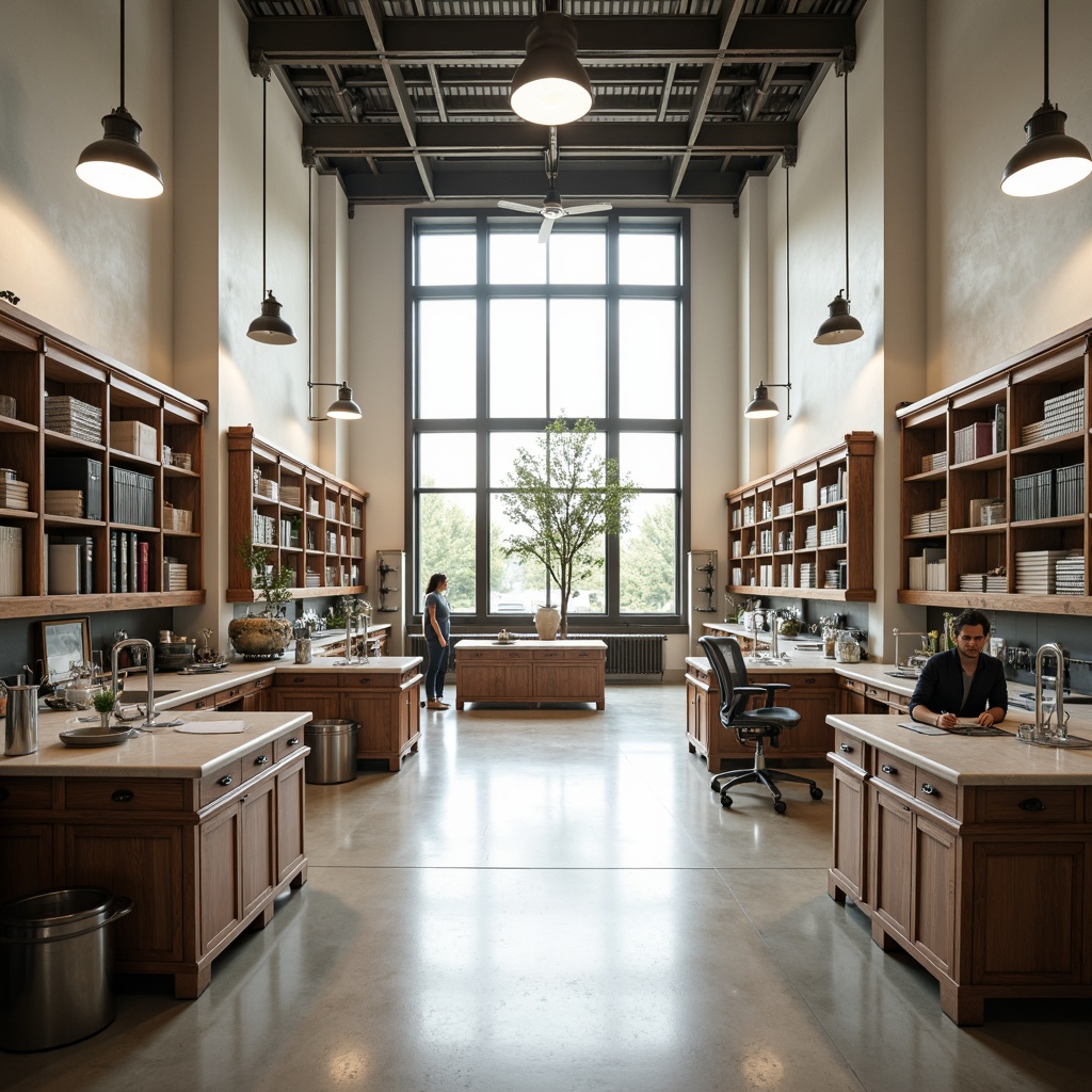 Prompt: Elegant laboratory, symmetrical arrangement, neutral color palette, traditional furniture, wooden cabinets, metal equipment, marble countertops, ornate lighting fixtures, high ceilings, large windows, natural light, soft shadows, subtle textures, minimalist decor, sophisticated ambiance, formal composition, central axis, bilateral symmetry, 1/2 rule, atmospheric perspective, realistic reflections.