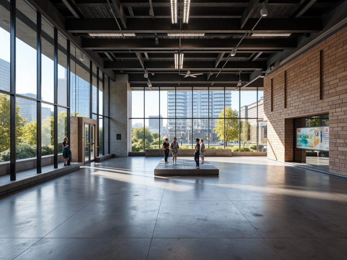 Prompt: Contemporary museum, minimalist interior, polished concrete floors, sleek metal beams, glass ceilings, LED lighting, interactive exhibits, multimedia displays, tactile graphics, natural stone walls, reclaimed wood accents, industrial chic decor, urban cityscape views, sunny afternoon light, soft box lighting, shallow depth of field, 1/1 composition, realistic textures, ambient occlusion.