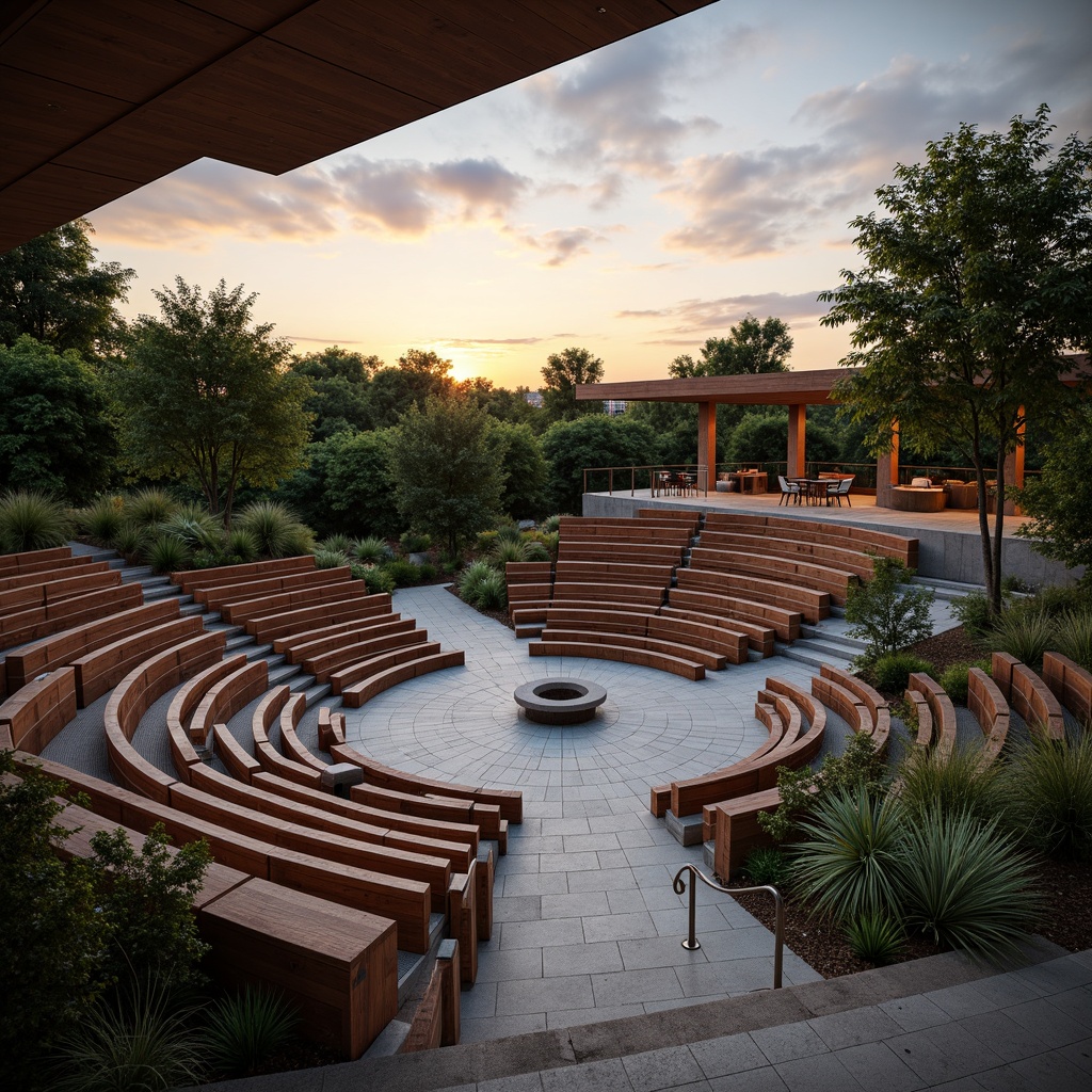 Prompt: Amphitheater seating area, contemporary style, curved rows, wooden benches, stainless steel frames, minimalist design, open-air performance space, lush greenery surroundings, natural stone flooring, cantilevered roof structure, dramatic lighting effects, warm sunset ambiance, shallow depth of field, 1/1 composition, symmetrical view, realistic textures, ambient occlusion.