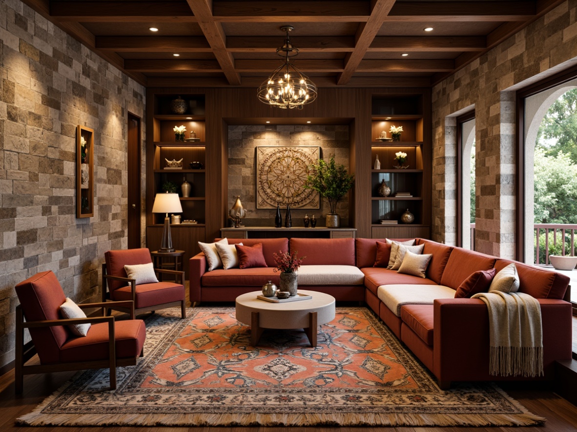 Prompt: Luxurious living room, rich velvet fabrics, natural stone walls, reclaimed wood accents, plush area rugs, metallic lighting fixtures, soft warm glow, cozy atmosphere, elegant furniture pieces, sophisticated color palette, earthy tones, organic textures, woven baskets, macrame wall hangings, Moroccan-inspired tiles, intricate patterns, subtle sheen, ambient lighting, 1/2 composition, shallow depth of field, realistic render.