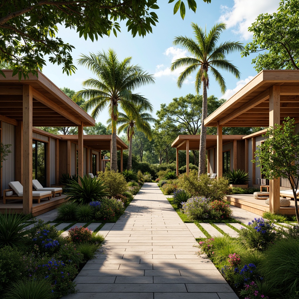 Prompt: Lush tropical garden, palm trees, vibrant floral arrangements, natural stone pathways, wooden decks, open-air pavilions, modern tropical architecture, large overhanging roofs, sliding glass doors, warm ambient lighting, shallow depth of field, 3/4 composition, panoramic view, realistic textures, ambient occlusion, exotic wood accents, rattan furniture, colorful textiles, intricate patterns, natural ventilation systems, evaporative cooling technologies, misting systems, serene atmosphere, sunny day.