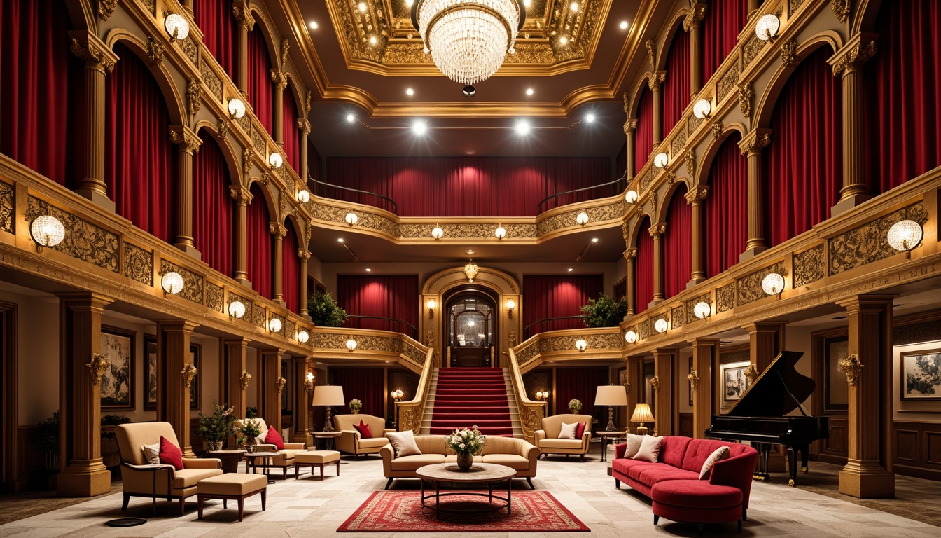 Prompt: Grand opera house interior, luxurious velvet curtains, ornate golden balconies, red carpeted staircases, crystal chandeliers, opulent furniture, curved wooden armchairs, intricately carved wooden panels, plush sofas, marble floors, dramatic spotlights, warm ambient lighting, 3/4 composition, symmetrical layout, high ceilings, ornate moldings, grand pianos, elegant coffee tables, refined metal accents, sophisticated upholstery fabrics, rich wood tones, soft diffused light, shallow depth of field.