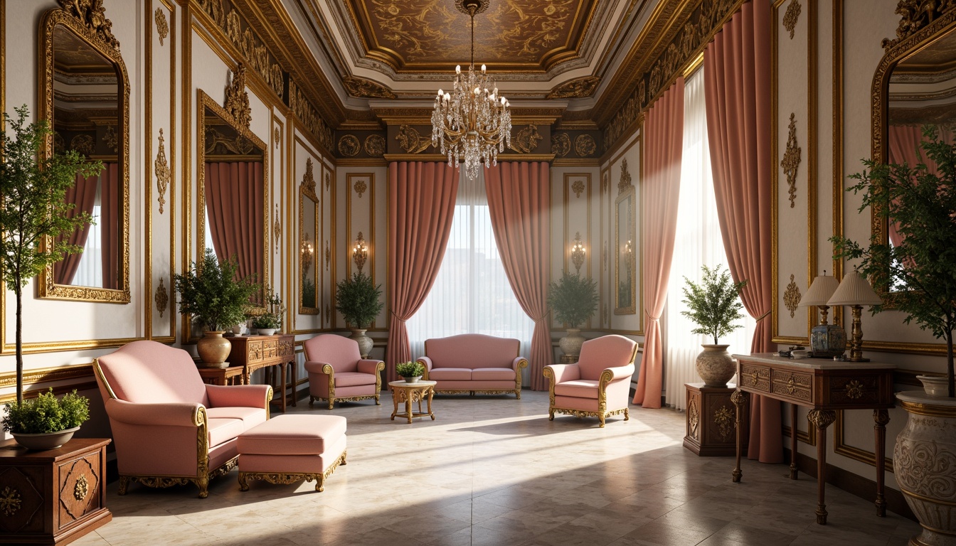 Prompt: Ornate palace interior, lavish furnishings, gilded frames, intricate carvings, velvet upholstery, ornamental mirrors, crystal chandeliers, marble floors, carved wooden panels, curved lines, soft pastel colors, luxurious fabrics, golden accents, grandiose proportions, high ceilings, sweeping drapery, natural light pouring in, warm atmospheric lighting, 1/1 composition, shallow depth of field, realistic textures.