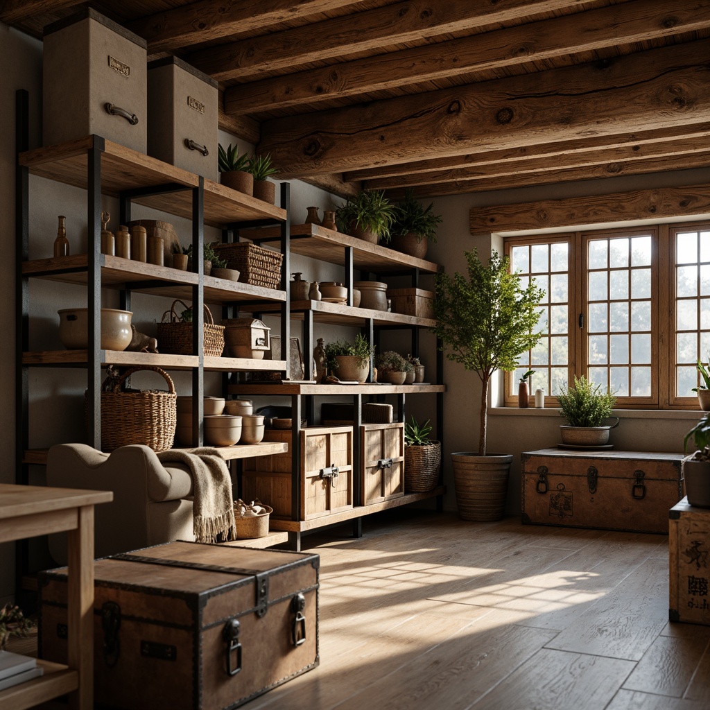 Prompt: Cozy storage room, rustic wooden shelves, industrial metal racks, woven baskets, canvas bins, vintage trunks, distressed finishes, earthy tones, natural textures, soft warm lighting, shallow depth of field, 1/1 composition, realistic reflections, ambient occlusion.