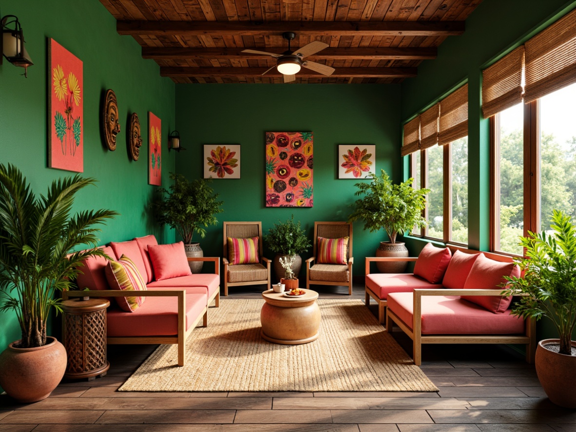 Prompt: Vibrant tropical interior, lush green walls, exotic wooden accents, woven rattan furniture, natural fiber rugs, colorful tiki masks, bold botanical prints, bright coral hues, sunny day ambiance, warm soft lighting, shallow depth of field, 1/1 composition, realistic textures, ambient occlusion, reclaimed wood flooring, distressed finishes, earthy terracotta pots, lush potted plants, bamboo window shades, woven sea grass baskets.