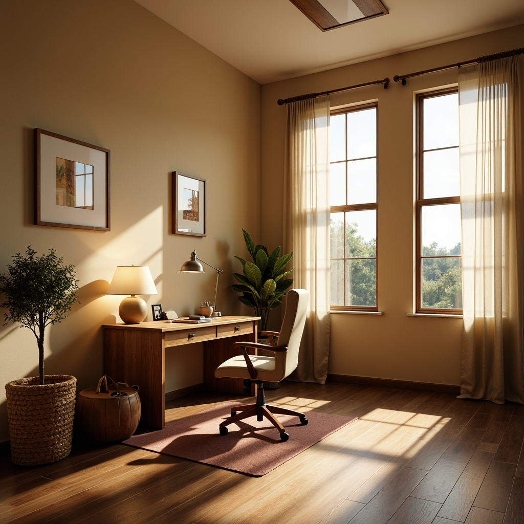 Prompt: Cozy home office, warm beige walls, wooden desk, comfortable ergonomic chair, soft warm lighting, table lamps, floor lamps, natural daylight, large windows, sheer curtains, minimal shadows, 1/1 composition, realistic textures, ambient occlusion.