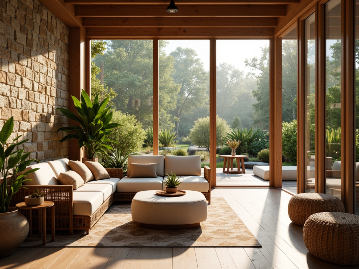 Prompt: Warm sunroom, mid-century modern style, large windows, sliding glass doors, natural stone walls, wooden accents, plants with green leaves, woven wicker furniture, plush throw pillows, geometric patterned rugs, warm beige colors, soft ambient lighting, shallow depth of field, 3/4 composition, panoramic view, realistic textures, ambient occlusion, smooth wooden flooring, rough-hewn stone surfaces, matte finish ceramics, woven rattan textiles, organic natural materials.