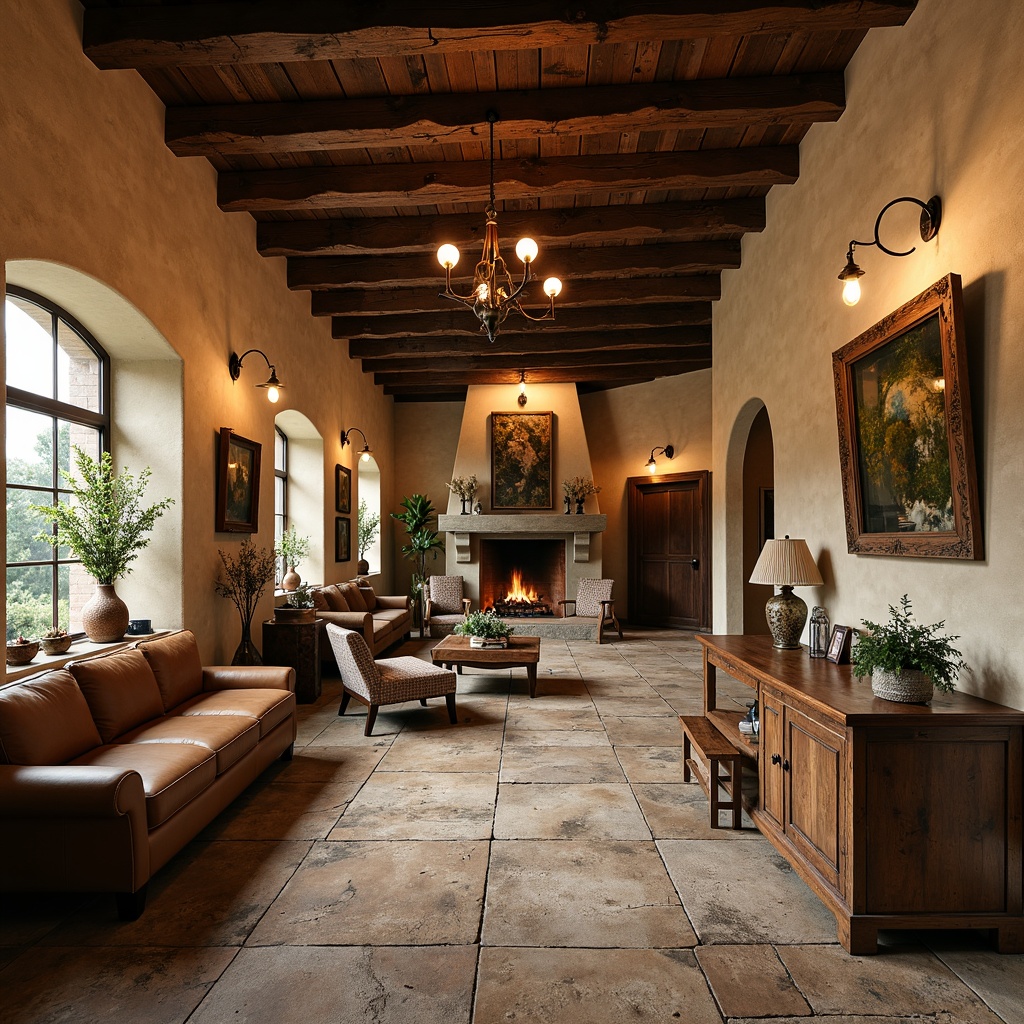 Prompt: Rustic hall interior, earthy color palette, warm beige walls, distressed wood accents, vintage furniture, natural stone floors, wooden beam ceilings, cozy fireplaces, soft warm lighting, intimate ambiance, traditional decorative elements, classic furnishings, rich textures, organic patterns, nature-inspired motifs, autumnal hues, moss greenery, weathered copper details, ornate metal fixtures, aged leather upholstery, nostalgic atmosphere, 3/4 composition, shallow depth of field, realistic textures.