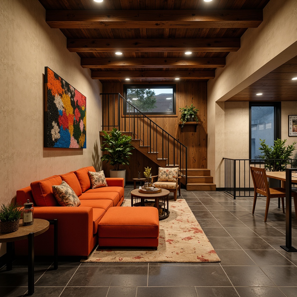 Prompt: Cozy basement, warm earthy tones, rich wood accents, soft beige walls, dark grey stone flooring, modern industrial lighting, metal railings, comfortable plush furniture, vibrant accent colors, natural textiles, ambient warm glow, shallow depth of field, 1/1 composition, realistic textures.