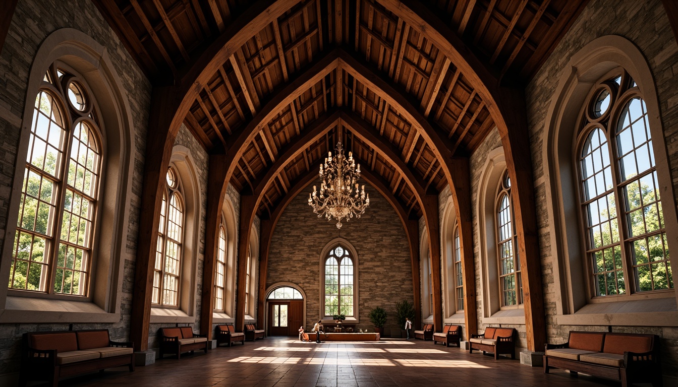 Prompt: Vaulted ceilings, rustic wooden beams, natural stone walls, stained glass windows, warm candlelight, serene atmosphere, ornate chandeliers, intricate carvings, grandiose architecture, high-rise columns, archways, symmetrical composition, dramatic lighting, rich textures, realistic materials, ambient occlusion.