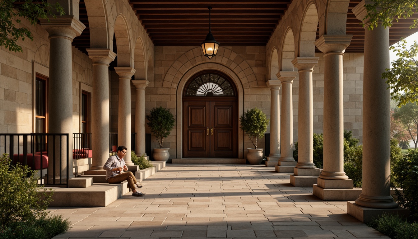 Prompt: Rustic youth center, classic columns, ornate facades, textured stone walls, grand entrance arches, wooden doors, metal railings, vintage lanterns, natural stone floors, earthy color palette, warm ambient lighting, soft shadows, 1/1 composition, shallow depth of field, realistic textures, ambient occlusion.