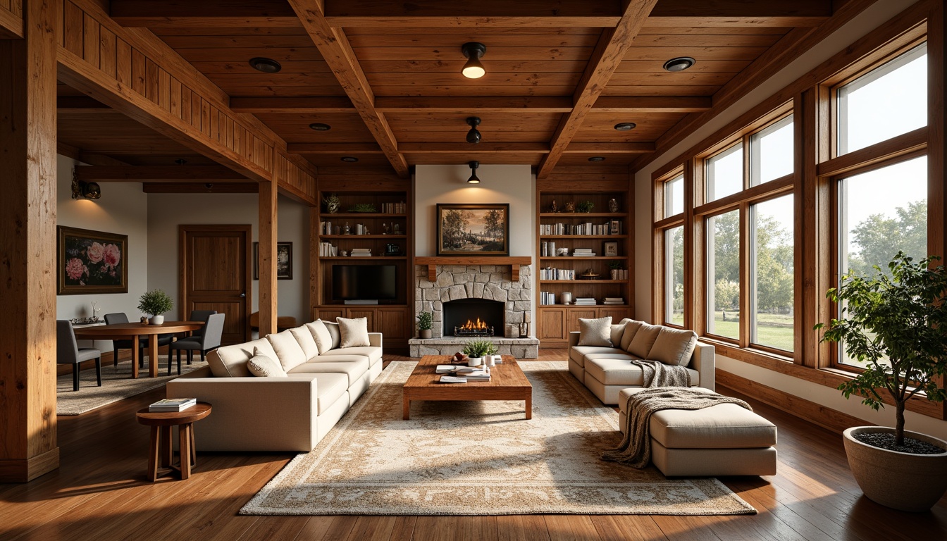 Prompt: Warm craftsman interior, rich wood tones, crown molding details, ornate ceiling trim, decorative wall paneling, rustic wooden beams, earthy color palette, natural stone fireplace, plush area rugs, cozy reading nooks, oversized windows, soft warm lighting, shallow depth of field, 3/4 composition, realistic textures, ambient occlusion.