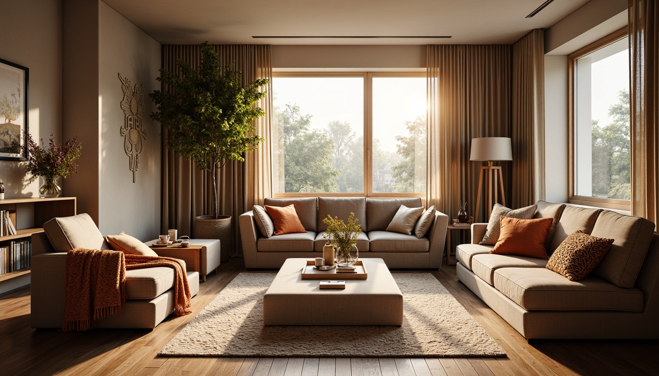 Prompt: Cozy living room, plush velvet sofas, soft cushioned chairs, warm woolen throws, intricately patterned rugs, natural fiber curtains, wooden flooring, modern minimalist decor, large windows, abundant sunlight, gentle warm lighting, shallow depth of field, 3/4 composition, panoramic view, realistic textures, ambient occlusion.