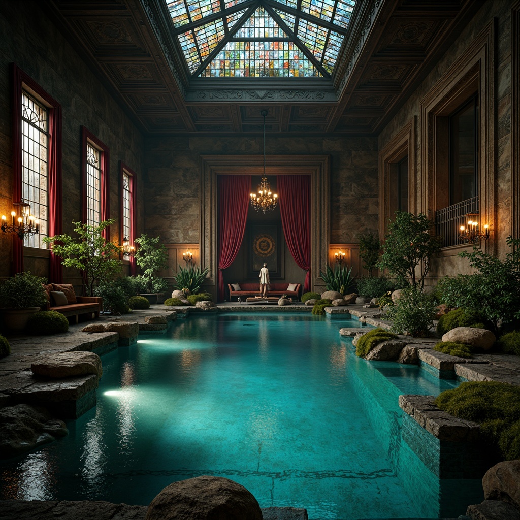 Prompt: Mysterious underground swimming pool, dark stone walls, vaulted ceilings, stained glass windows, ornate metalwork, intricate carvings, rich wood accents, moss-covered stones, misty atmosphere, soft warm lighting, shallow depth of field, 3/4 composition, dramatic shadows, luxurious textiles, velvet drapes, grand chandeliers, mystical ambiance.