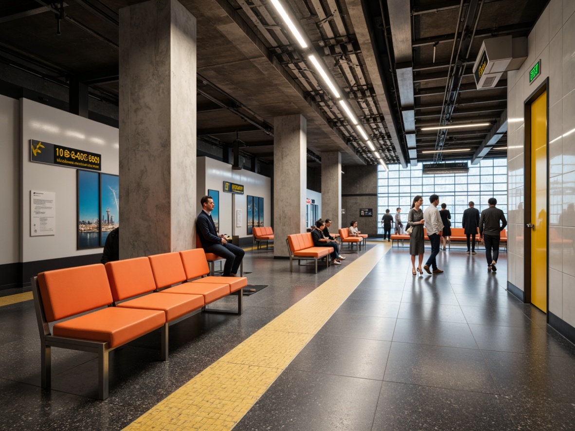 Prompt: Modern metro station interior, sleek benches, stainless steel frames, comfortable cushioned seats, vibrant color schemes, durable wear-resistant materials, urban chic aesthetic, industrial-style lighting fixtures, exposed concrete ceilings, polished granite floors, minimalist decor, functional signage, efficient circulation routes, bustling commuter atmosphere, warm softbox lighting, shallow depth of field, 1/1 composition, realistic textures, ambient occlusion.