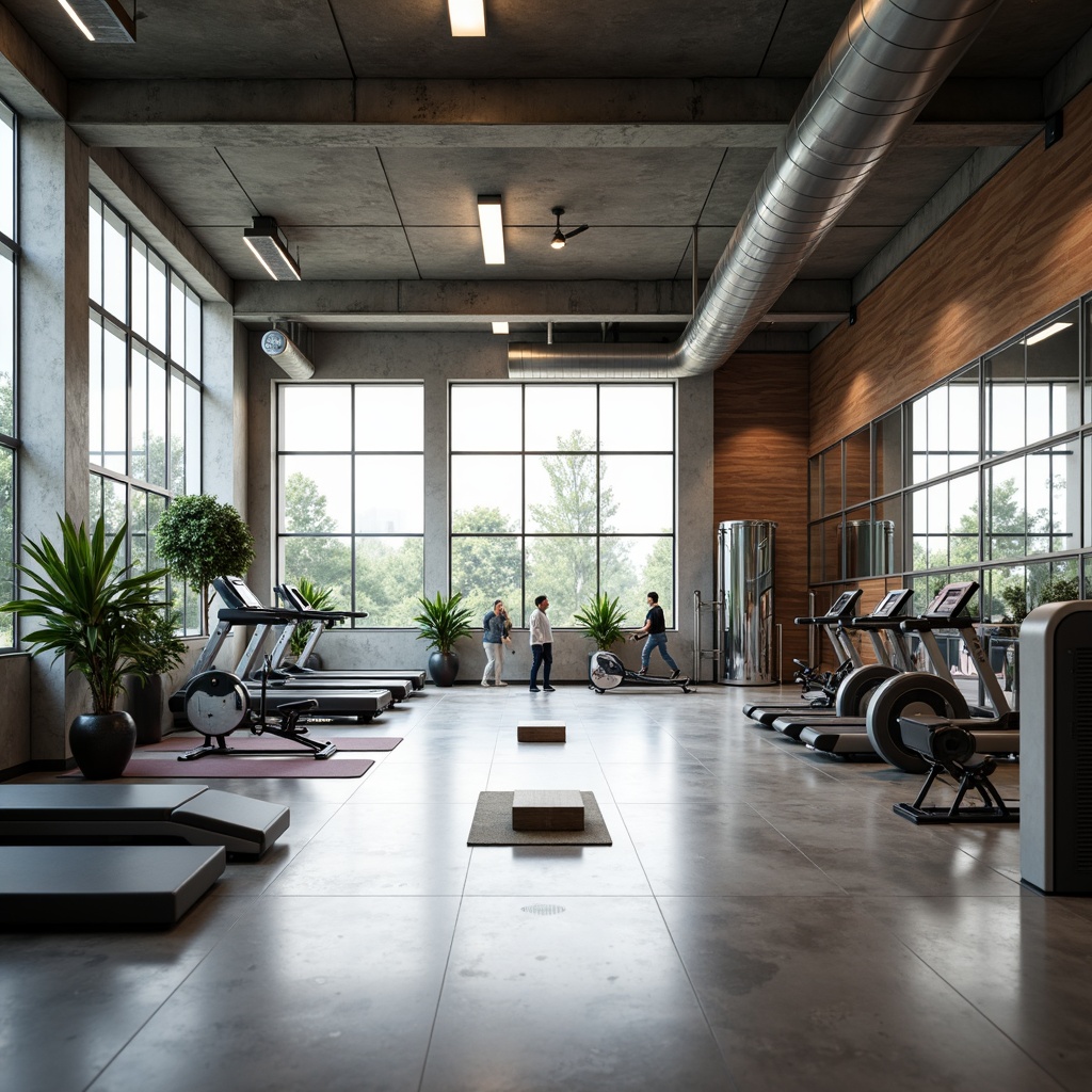 Prompt: Minimalist gym interior, open space concept, sleek metallic beams, polished concrete flooring, natural light pouring in, floor-to-ceiling windows, industrial chic aesthetic, modern exercise equipment, free weights, treadmills, yoga mats, mirrored walls, wooden accents, subtle color palette, soft ambient lighting, shallow depth of field, 3/4 composition, realistic textures, ambient occlusion.