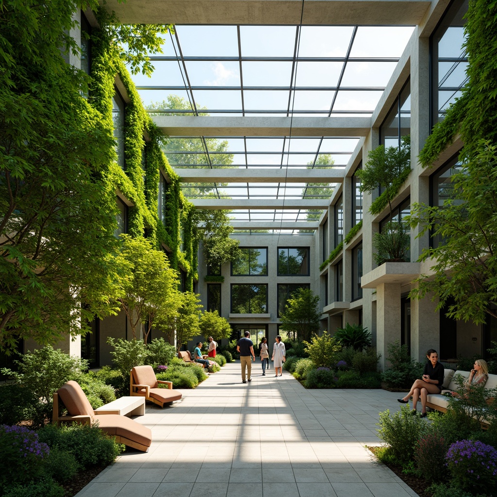 Prompt: Vibrant atrium, lush green walls, natural stone floors, minimalist architecture, abundant skylights, clerestory windows, solar tubes, translucent roofing, bright open spaces, airy atmosphere, warm soft lighting, gentle shadows, organic textures, earthy color palette, seamless integration with outdoors, scenic views, harmonious blend of nature and structure.