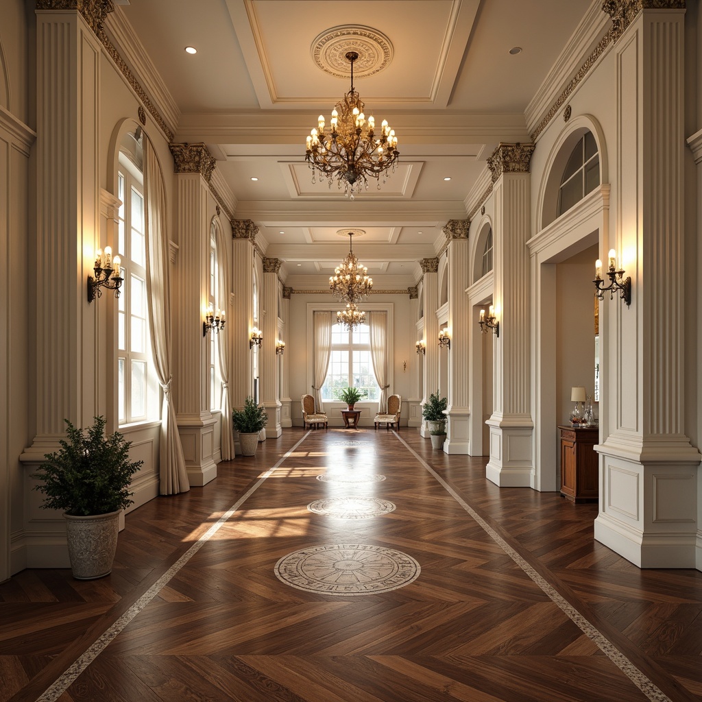 Prompt: Elegant neoclassical interior, rich wood flooring, dark walnut tones, ornate patterns, classic marble inlays, subtle herringbone design, creamy white walls, tall columns, intricate moldings, ornate ceiling details, sophisticated chandeliers, warm golden lighting, 1/1 composition, shallow depth of field, realistic textures, ambient occlusion.Please let me know if this meets your requirements!