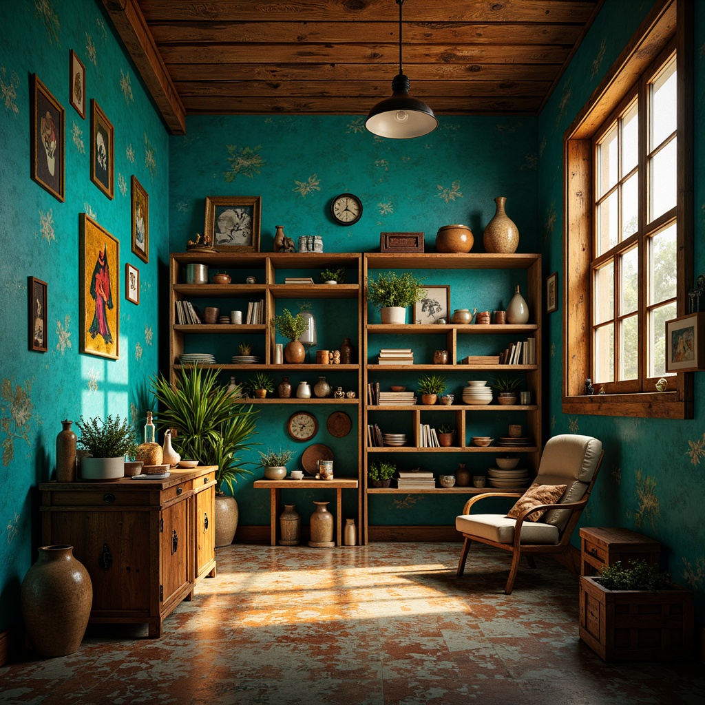 Prompt: Vibrant storage room, expressionist style, rich turquoise walls, distressed wood accents, rusty metal shelves, eclectic vintage decor, warm golden lighting, soft shadowy corners, abstract geometric patterns, bold brushstroke textures, moody atmospheric ambiance, cinematic close-up shots, 1/2 composition, high contrast ratio, dramatic chiaroscuro.