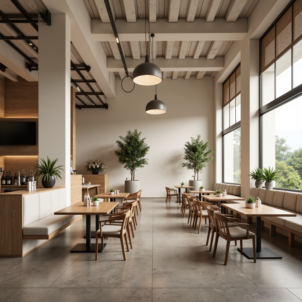 Prompt: Minimalist dining hall, sleek wooden tables, slender metal chairs, simple upholstered benches, subtle pendant lights, creamy white walls, polished concrete floors, natural stone accents, airy open spaces, minimalist decor, sparse greenery, industrial-chic metal beams, soft warm lighting, shallow depth of field, 1/1 composition, realistic textures, ambient occlusion.