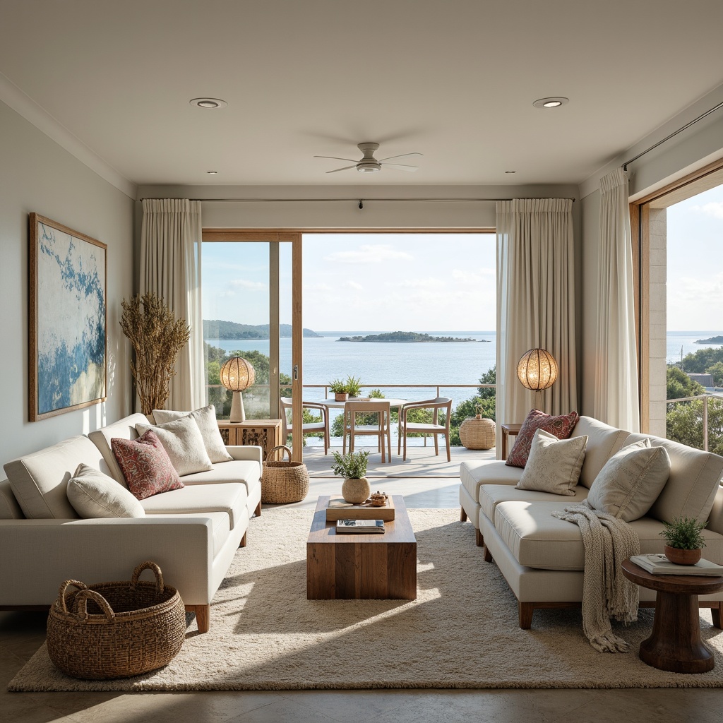 Prompt: Coastal living room, ocean views, large windows, sliding glass doors, natural textiles, driftwood decor, sea-salt air, soft warm lighting, table lamps with nautical ropes, pendant lights with glass shades, floor lamps with woven rattan, coastal-themed artwork, beachy color palette, sandy neutrals, calming blues, crisp whites, natural stone flooring, plush area rugs, modern coastal architecture, minimalist design, sustainable materials, energy-efficient solutions.