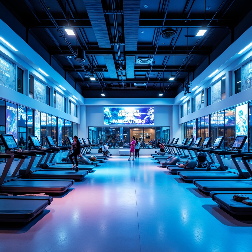 Prompt: Vibrant fitness club, light blue accents, energetic atmosphere, modern equipment, sleek flooring, mirrored walls, motivational quotes, neon signage, LED lighting, calming ambiance, refreshing color palette, contrasted dark tones, metallic finishes, dynamic patterns, futuristic architecture, high-ceiling interior, panoramic windows, natural daylight, soft warm glow, shallow depth of field, 1/1 composition, realistic textures.