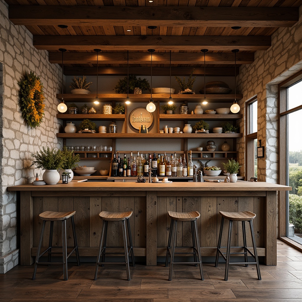 Prompt: Rustic farmhouse, wooden bar counter, distressed finishes, metal stools, pendant lighting, vintage decor, natural stone walls, reclaimed wood accents, earthy color palette, cozy atmosphere, warm candlelight, shallow depth of field, 1/1 composition, realistic textures, ambient occlusion.