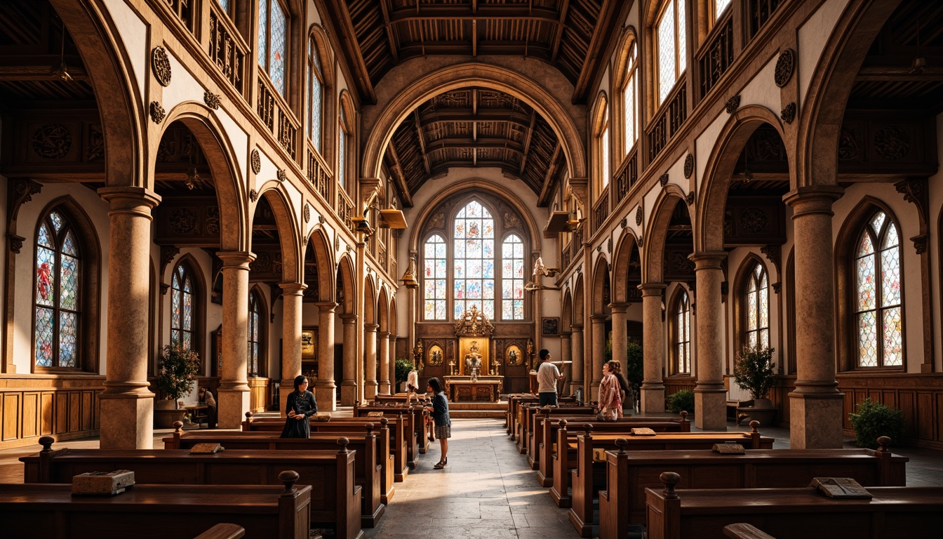 Prompt: Intricate wooden carvings, Gothic arches, stained glass windows, ornate pulpits, rustic wooden pews, traditional craftsmanship, hand-hewn timber frames, ornamental tracery, vaulted ceilings, grandeur atmosphere, warm golden lighting, shallow depth of field, 1/2 composition, realistic textures, ambient occlusion.