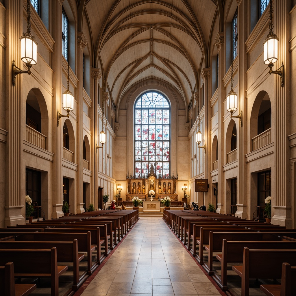 Prompt: Elegant worship hall, high ceilings, stained glass windows, marble floors, ornate pulpits, polished wooden pews, soft warm lighting, serene atmosphere, intricate mosaics, vaulted arches, sacred symbols, peaceful ambiance, natural stone walls, subtle color palette, classic architectural style, symmetrical composition, grand entrance, solemn mood, reverent tone.