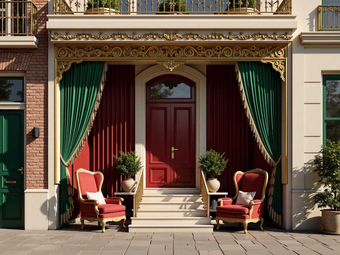 Prompt: Elegant Victorian facade, ornate wooden trim, rich jewel tones, emerald green shutters, crimson red doors, creamy white stucco, warm beige brick, soft golden lighting, intricate patterns, ornamental details, luxurious velvet fabrics, heavy drapery, lavish furnishings, classic architectural elements, subtle earthy undertones, muted pastel shades, nostalgic vintage vibe, 1/1 composition, realistic textures, ambient occlusion.