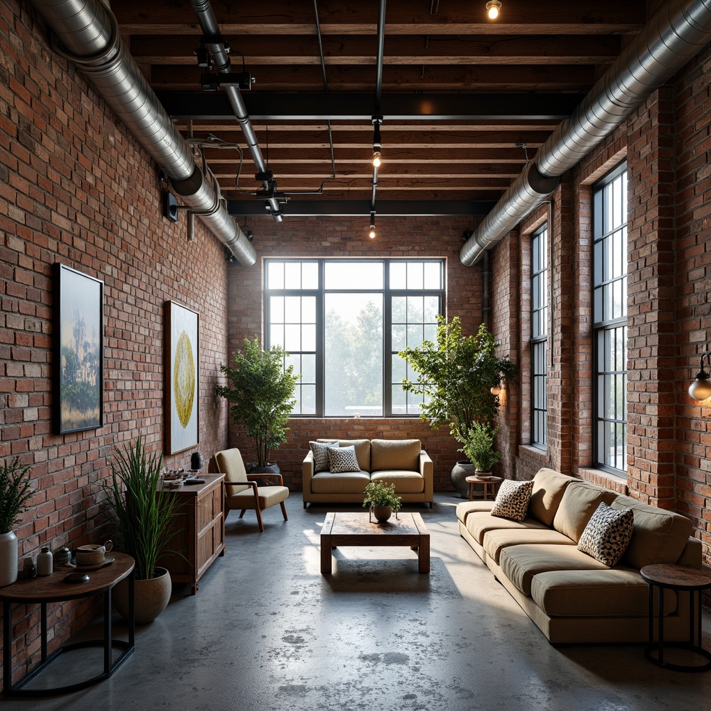 Prompt: Exposed brick walls, industrial metal beams, reclaimed wood accents, modern minimalist decor, urban loft atmosphere, high ceilings, large windows, natural light pouring in, concrete floors, steel columns, functional piping, Edison bulbs, metal stairs, rustic wooden furniture, vintage decorative items, distressed finishes, earthy color palette, atmospheric shadows, dramatic lighting, 1/1 composition, cinematic view, gritty textures, subtle grain.