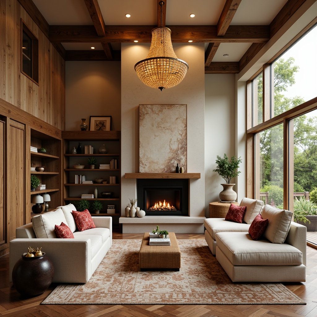 Prompt: Cozy great room, warm beige walls, rich wood accents, plush furnishings, statement chandelier, comfortable sectional sofa, vibrant accent pillows, earthy tone rug, natural stone fireplace, floor-to-ceiling windows, soft diffused lighting, 1/2 composition, intimate atmosphere, realistic textures, ambient occlusion.