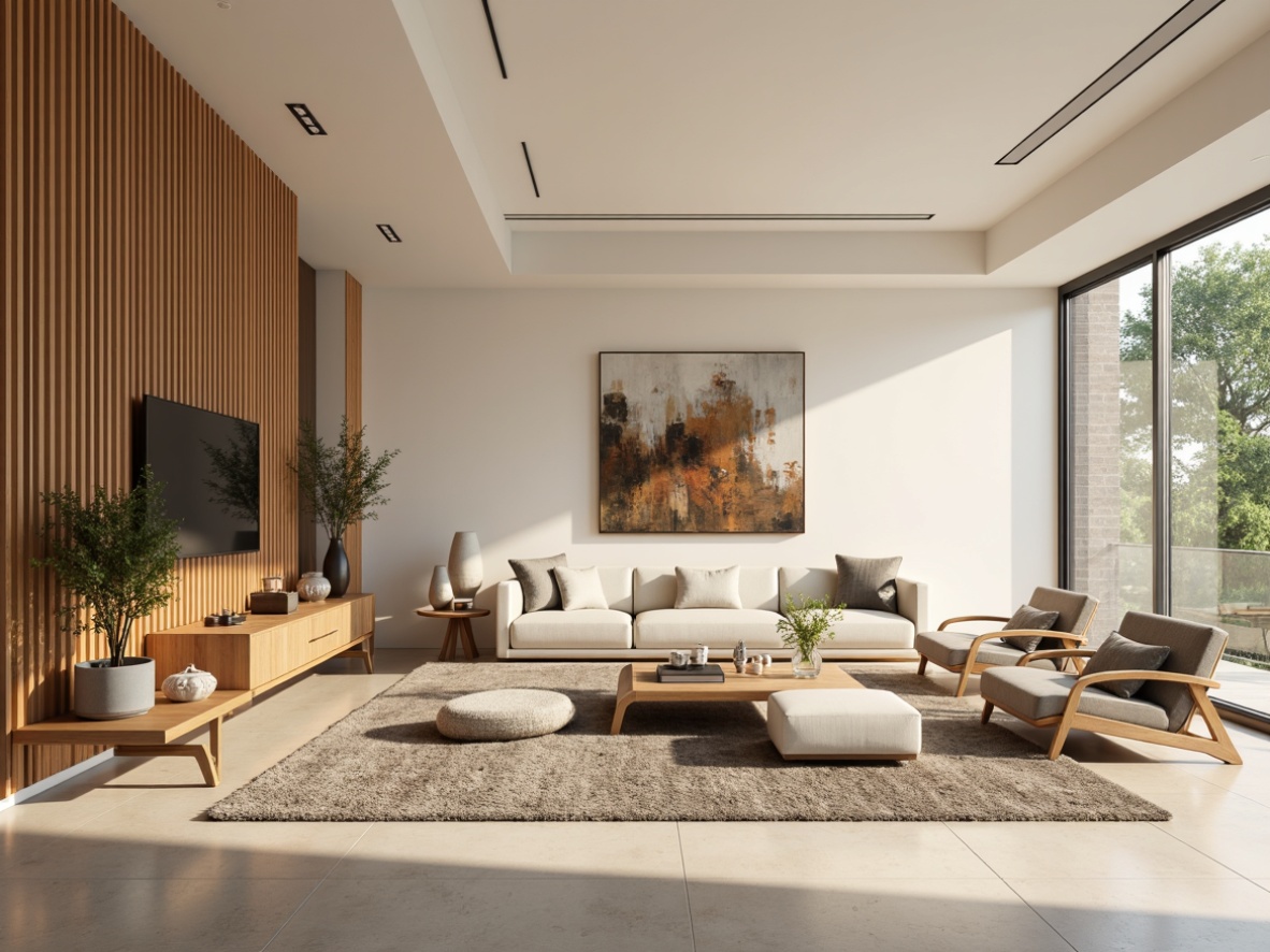 Prompt: Modern living room, minimalist decor, sleek wooden furniture, curved lines, cream-colored walls, plush area rug, floor-to-ceiling windows, natural light, airy atmosphere, functional layout, optimal flow, comfortable seating areas, stylish coffee table, decorative vases, ambient lighting, soft warm glow, 1/1 composition, shallow depth of field, realistic textures.