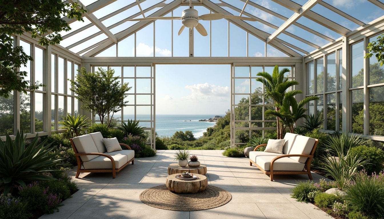 Prompt: Coastal style greenhouse, abundant natural light, transparent glass walls, minimalist steel frames, lush greenery, tropical plants, driftwood accents, woven rattan furniture, soft ocean breeze, warm sunny day, shallow depth of field, 1/1 composition, panoramic view, realistic textures, ambient occlusion, beachy vibe, seaside atmosphere, calming color palette, soft pastel hues.