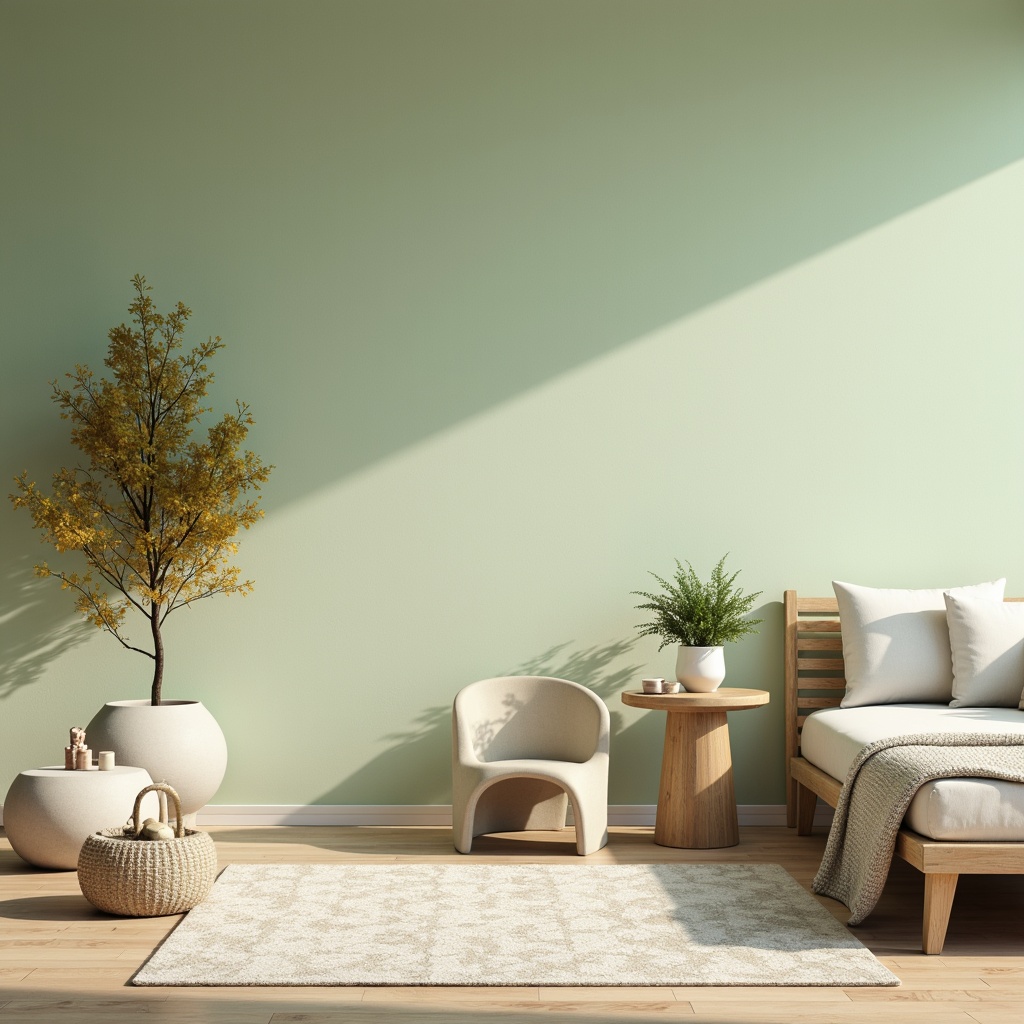 Prompt: Soft light green walls, calming ambiance, natural textures, minimalist decor, Scandinavian-inspired furniture, wooden accents, creamy whites, earthy tones, subtle patterns, gentle curves, softbox lighting, warm shadows, 1/1 composition, realistic rendering, ambient occlusion.