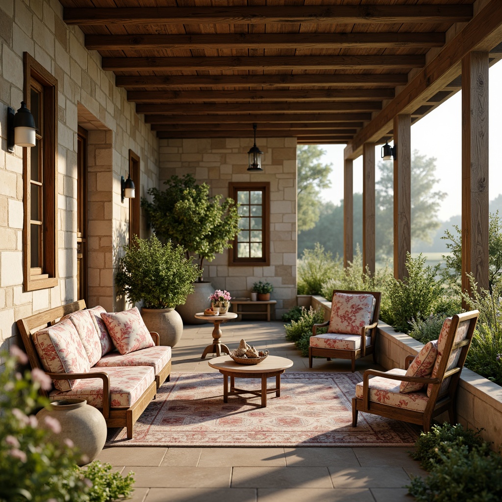 Prompt: Rustic farmhouse, natural stone walls, wooden accents, floral patterns, vintage textiles, velvet fabrics, soft pastel colors, ornate metalwork, curved lines, organic shapes, distressed finishes, earthy tones, lush greenery, wildflowers, sunny afternoon, warm golden lighting, shallow depth of field, 1/2 composition, intimate atmosphere, realistic textures, ambient occlusion.