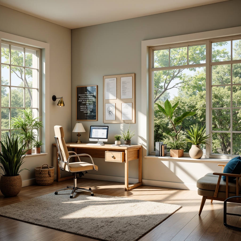 Prompt: Cozy home office, warm wooden desk, comfortable ergonomic chair, natural light pouring in, soft cream walls, calming blue accents, pops of vibrant greenery, modern minimalist decor, sleek metal shelving, organized workspace, functional storage units, inspirational quote prints, creative vision boards, subtle texture rug, warm beige flooring, large windows, botanical garden views, sunny afternoon, gentle warm lighting, shallow depth of field, 1/1 composition.