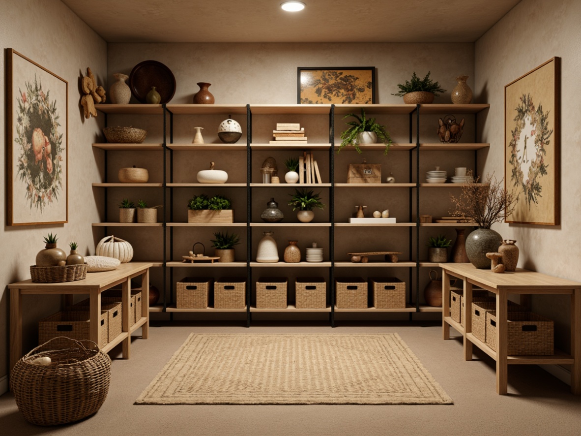 Prompt: Cozy storage room, warm beige walls, soft carpet flooring, wooden shelving units, metal storage cabinets, woven baskets, rustic decorative accents, natural textiles, earthy color palette, ambient lighting, shallow depth of field, 1/2 composition, realistic wood grain textures, subtle shadows.