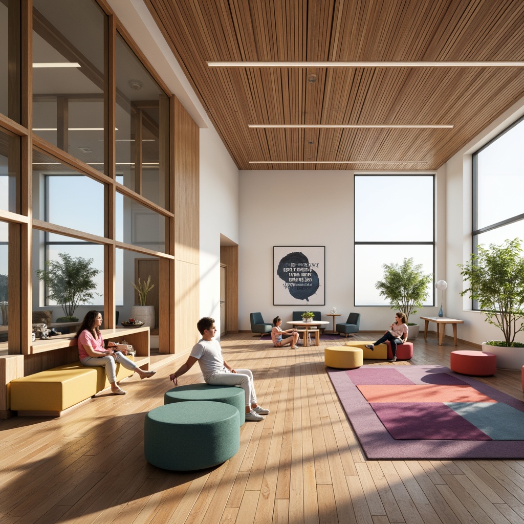 Prompt: Minimalist school interior, open spaces, natural light, wooden floors, modern furniture, collaborative workspaces, flexible seating arrangements, colorful rugs, abstract artwork, inspirational quotes, large windows, glass partitions, minimalist decor, calm atmosphere, soft warm lighting, shallow depth of field, 3/4 composition, realistic textures, ambient occlusion.