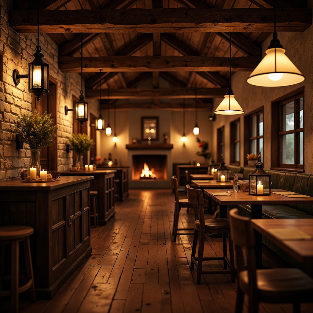 Prompt: Rustic farmhouse pub, warm candlelight, pendant lamps, vintage metal lanterns, wooden beams, natural stone walls, cozy fireplaces, distressed wood furniture, earthy color palette, soft warm lighting, shallow depth of field, 1/2 composition, intimate atmosphere, ambient occlusion, realistic textures.