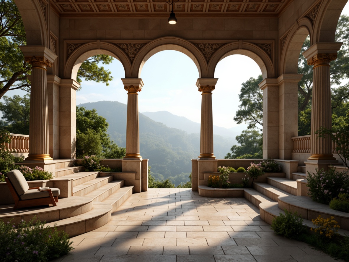 Prompt: Tiered seating area, curved rows, ornate marble steps, classic Greek columns, intricate stone carvings, soft warm lighting, atmospheric misting, lush greenery surroundings, blooming flowers, scenic overlook, panoramic views, symmetrical composition, 1/2 frame, shallow depth of field, realistic textures, ambient occlusion, comfortable cushioned chairs, elegant wooden accents, refined metal details.