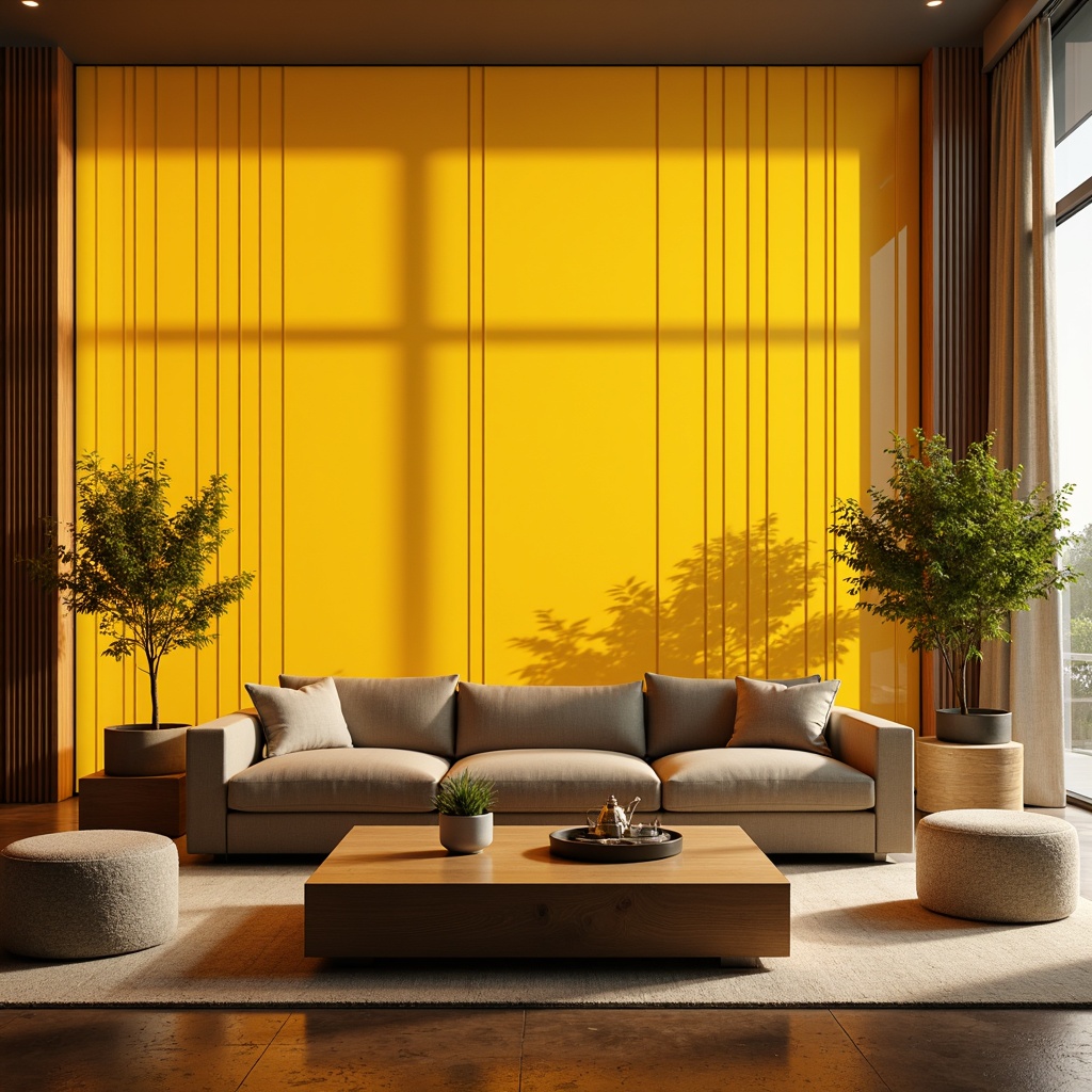 Prompt: Vibrant light yellow glass accents, warm and inviting atmosphere, cozy living room, modern interior design, sleek coffee table, minimalist decor, natural textiles, soft cushioning, rounded shapes, elegant curves, subtle color blocking, harmonious contrast, ambient lighting, warm glow, shallow depth of field, 1/1 composition, realistic reflections.