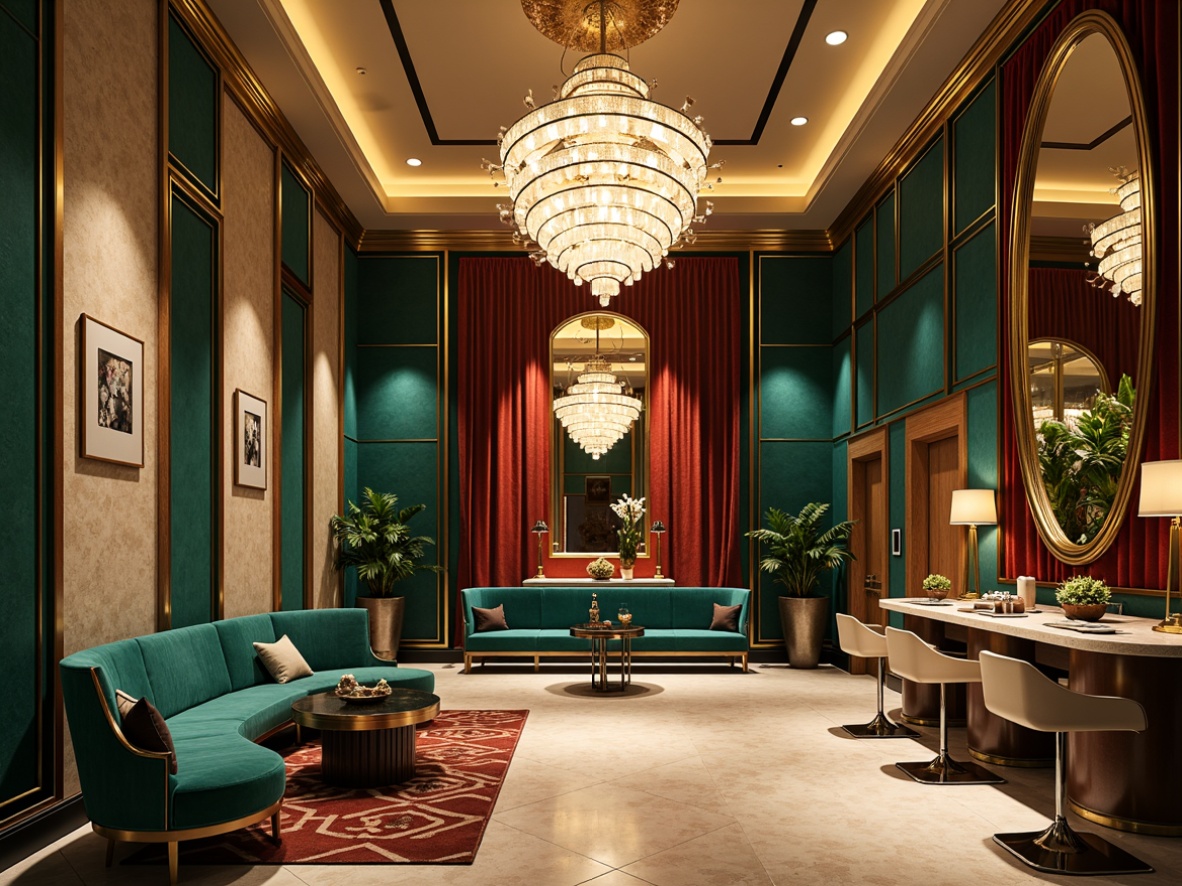 Prompt: Luxurious Art Deco interior, opulent chandeliers, metallic accents, rich jewel-toned walls, velvety soft furnishings, geometric patterned rugs, ornate mirrors, lavish gold leaf details, creamy marble countertops, sophisticated neutral backgrounds, warm champagne tones, deep emerald greens, bold crimson reds, lavish turquoise blues, dramatic black and white contrasts, high-gloss finishes, intricate inlays, stylized typography, glamorous metallic fixtures, elegant curved lines, vintage inspired decorative elements, refined ambient lighting, shallow depth of field, 1/2 composition, cinematic view.