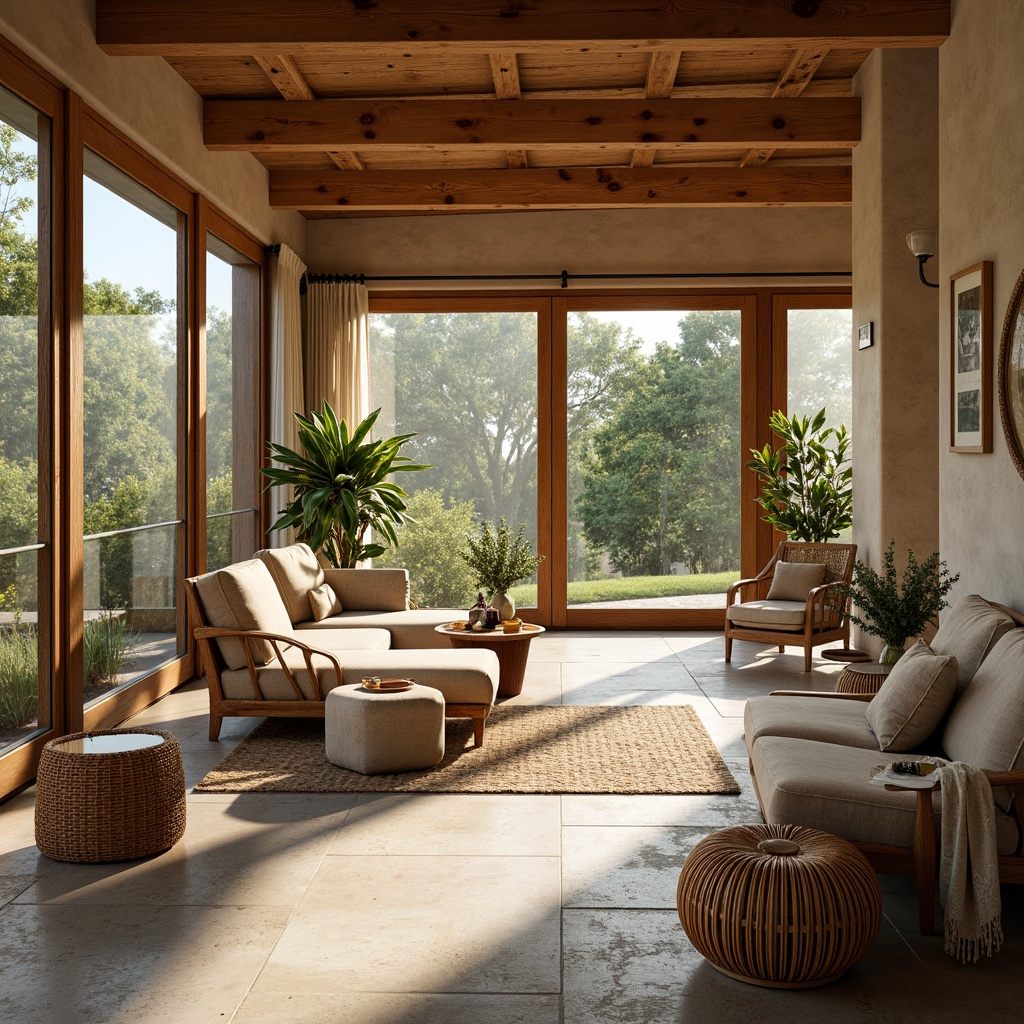 Prompt: Warm sunroom, mid-century modern style, large windows, sliding glass doors, natural stone floors, wooden accents, wicker furniture, plush cushions, linen upholstery, woven baskets, potted plants, vintage decor, earthy tone color palette, warm beige walls, rich wood tones, soft diffused lighting, shallow depth of field, 3/4 composition, realistic textures, ambient occlusion.