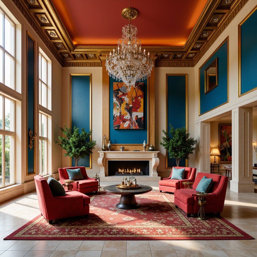 Prompt: Vibrant great room, luxurious furniture, rich wood tones, velvet upholstery, metallic accents, crystal chandeliers, statement lighting fixtures, bold color scheme, warm beige walls, deep blue accent walls, rich gold trim, creamy marble floors, plush area rugs, floor-to-ceiling windows, natural daylight, soft warm glow, 1/1 composition, symmetrical balance, ornate decorative details.